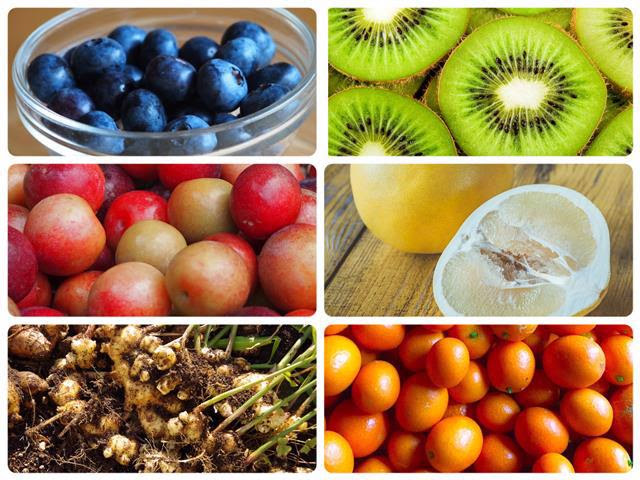 写真：しまんと果実タルトの6種の素材です。左上から、ブルーベリー、すもも、しょうが、キウイ、文旦、金柑です。