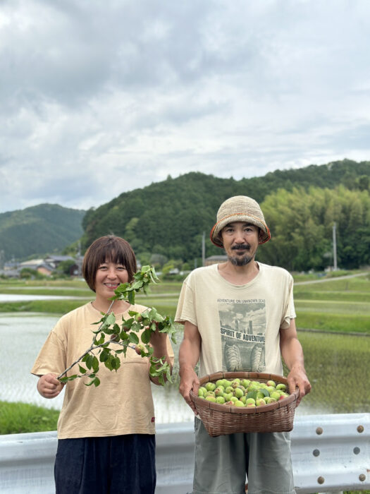 写真：カゴノオトスタッフの武田さんとご家族が、ざるに入った梅の実を持っています。