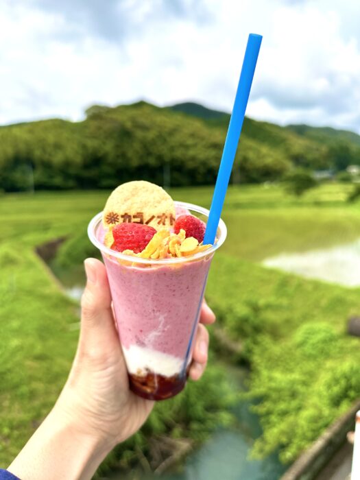 写真：いちごスムージーです。背景は店頭の前の田んぼと川です